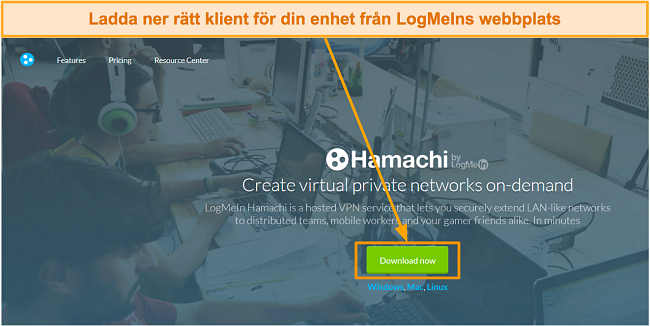 Skärmdump av nedladdningssidan för LogMeIn Hamachi-programvaran