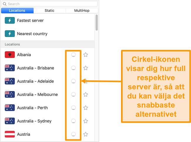 Skärmdump av Surfsharks serverlista som visar serverbelastning