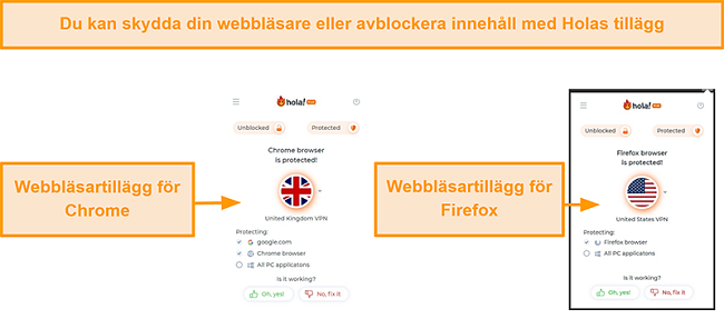 Skärmdump av Hola VPN: s Chrome- och Firefox-webbläsartillägg