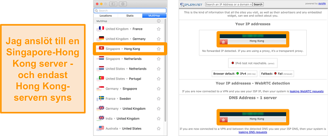 Skärmdump av Surfsharks MultiHop-server (dubbel VPN) för Singapore och Hong Kong, tillsammans med läckagetestresultat som visar bara Hong Kong-servern synlig