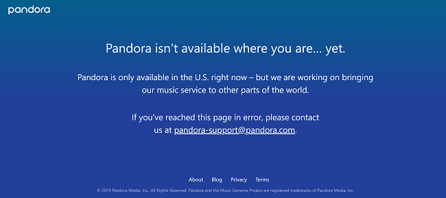 Screenshot of error that pops up when trying to access Pandora outside the US