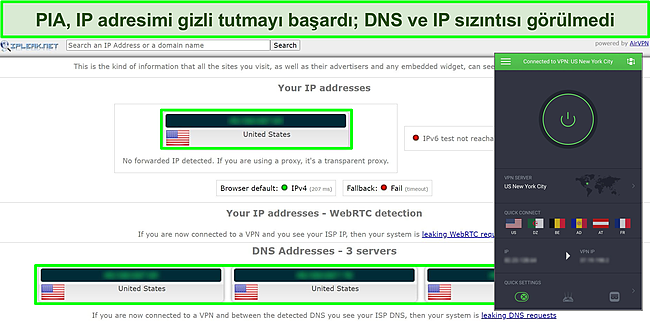 Bir ABD sunucusuna bağlı PIA ile IP sızıntı testi sonuçlarının ekran görüntüsü.