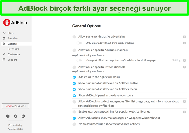 AdBlock'un birçok özelleştirme seçeneğini gösteren ekran görüntüsü