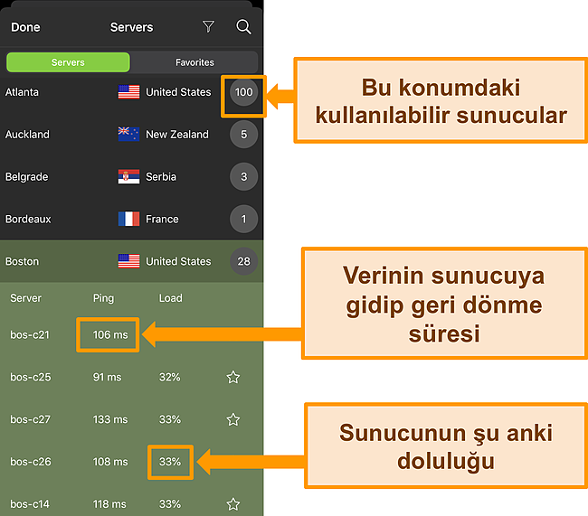 Sunucu bilgilerinin vurgulandığı IPVanish iOS uygulamasının ekran görüntüsü.