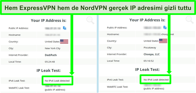 Hem NordVPN hem de ExpressVPN için IPv6 sızıntısı tespit edilmediğini gösteren ekran görüntüsü