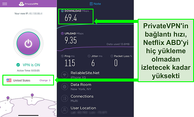 Bir ABD sunucusuna bağlı PrivateVPN'in ekran görüntüsü ve bir Ookla hız testinin sonucu.