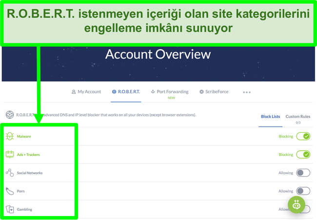 Winscribe ayarları sayfasının ekran görüntüsü, reklamları, kötü amaçlı yazılımları ve web sitesi kategorilerini engelleme seçeneklerini gösterir