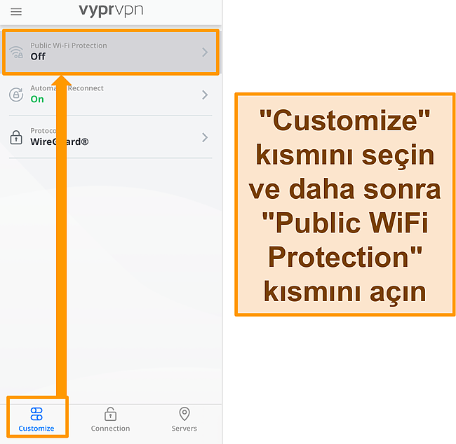 VyprVPN'in Genel WiFi Koruması ayarının ekran görüntüsü.