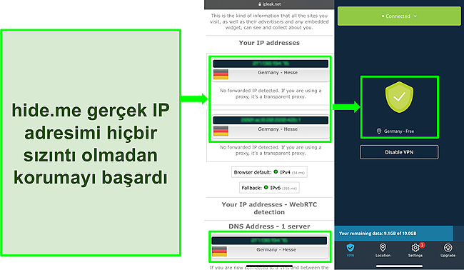 hide.me VPN bağlantısında IP veya DNS sızıntısı olmadığını vurgulamanın ekran görüntüsü.
