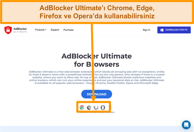 Mevcut 4 web tarayıcısı uzantısını gösteren AdBlocker Ultimate web sitesinin ekran görüntüsü