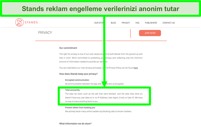 Stands web sitesinin, engellenen reklamlarla ilgili sahip olduğu verilerin hiçbir zaman kullanıcıların kişisel bilgileriyle bağlantılı olmadığını belirten ekran görüntüsü