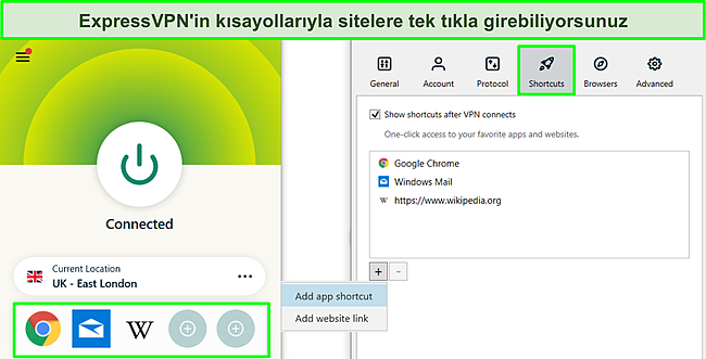 Kısayollar özelliği vurgulanmış ve seçenekler menüsü açık olarak ExpressVPN'in Windows uygulamasının ekran görüntüsü.