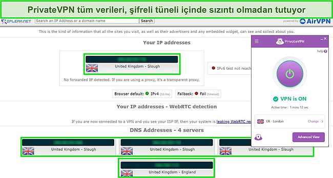 Bir İngiltere sunucusuna bağlı PrivateVPN ile veri sızıntısı olmadığını gösteren IPLeak.net sızıntı testi sonuçlarının ekran görüntüsü.