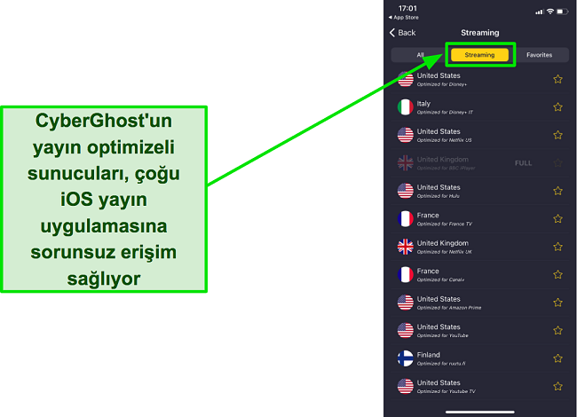 CyberGhost'un akış için optimize edilmiş sunucularının ekran görüntüsü