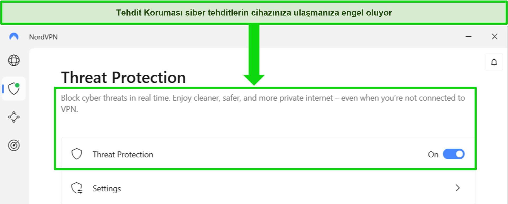 Tehdit Koruması özelliğinin her zaman açık olduğunu gösteren NordVPN Windows uygulamasının ekran görüntüsü.