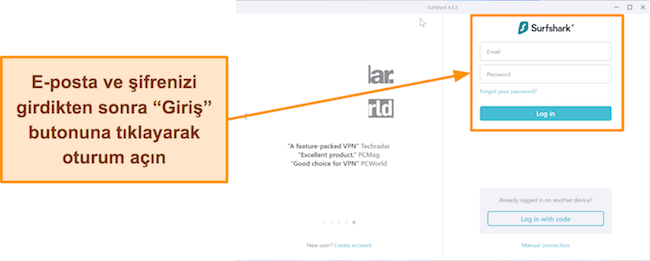 Surfshark Giriş Sayfasının ekran görüntüsü