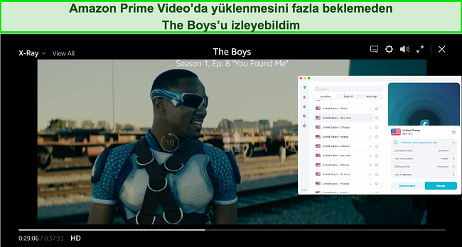 Bir ABD sunucusuna bağlı Surfshark ile Amazon Prime'da oynayan The Boys'un ekran görüntüsü