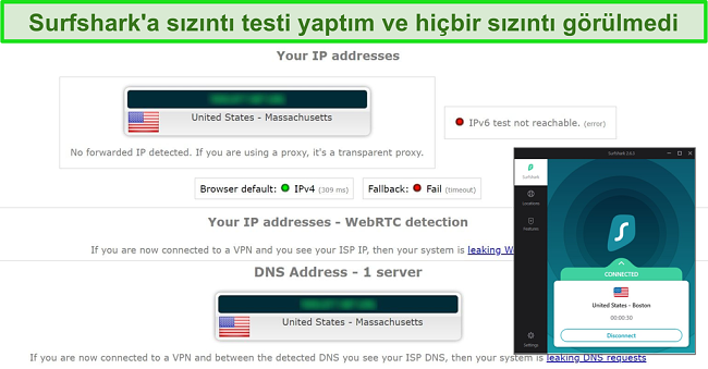 ABD sunucusuna bağlı Surfshark ile sızıntı testi sonuçlarının ekran görüntüsü