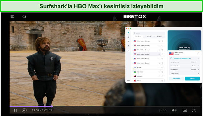 Bir ABD sunucusuna bağlı olarak HBO Max ve Surfshark'ta yayınlanan Game of Thrones'un ekran görüntüsü
