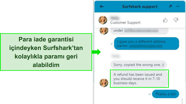Surfshark canlı sohbetinin ve geri ödeme talebinin ekran görüntüsü