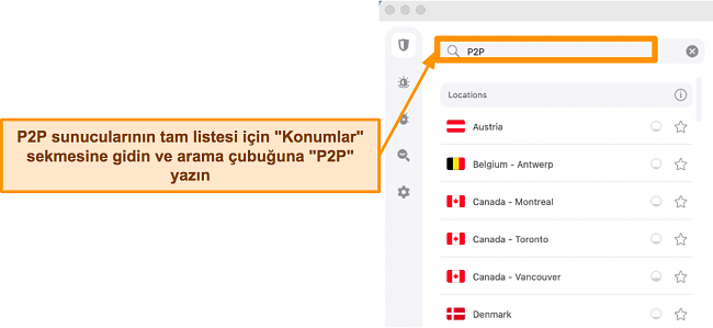 Surfshark'ın Mac uygulamasındaki P2P sunucularının ekran görüntüsü
