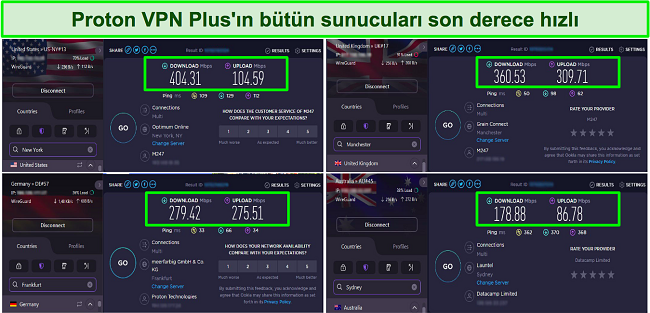 ABD, İngiltere, Almanya ve Avustralya'daki sunucuları gösteren Proton VPN hız testlerinin ekran görüntüsü