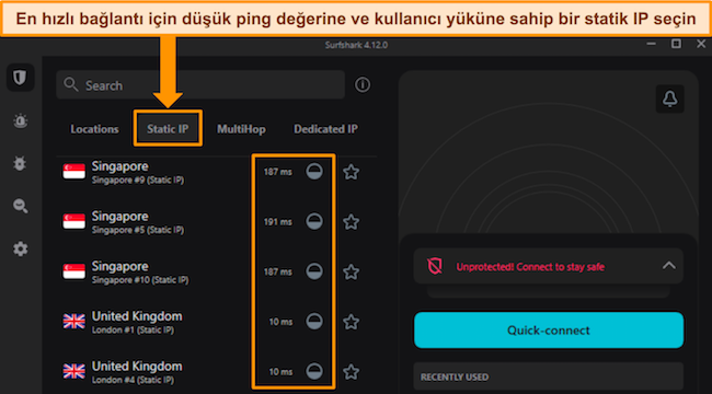 Surfshark'ın Statik IP sunucusu menüsünü gösteren, ping ve kullanıcı yükleme bilgilerini vurgulayan Windows uygulaması