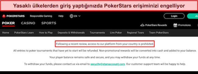 Bölge dışı bir konum tespit edildiğinden PokerStars'ın siteye erişimi engellediği görüntüsü