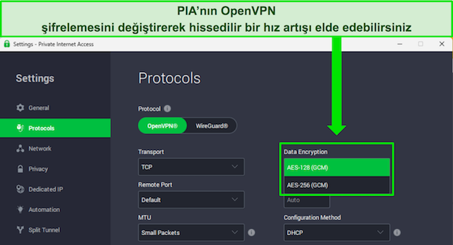 OpenVPN için özelleştirilebilir şifreleme seviyelerini gösteren PIA'nın Windows uygulaması