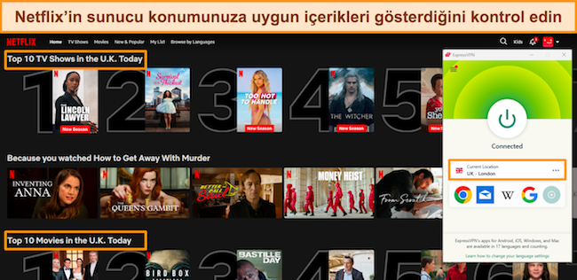 ExpressVPN'in Birleşik Krallık-Londra sunucusuna bağlı olduğu, Birleşik Krallık içeriğini gösteren Netflix web sitesinin ekran görüntüsü.