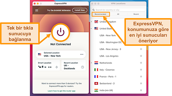 Masaüstündeki ExpressVPN Uygulaması ve Sunucu Listesi'nin ekran görüntüsü.