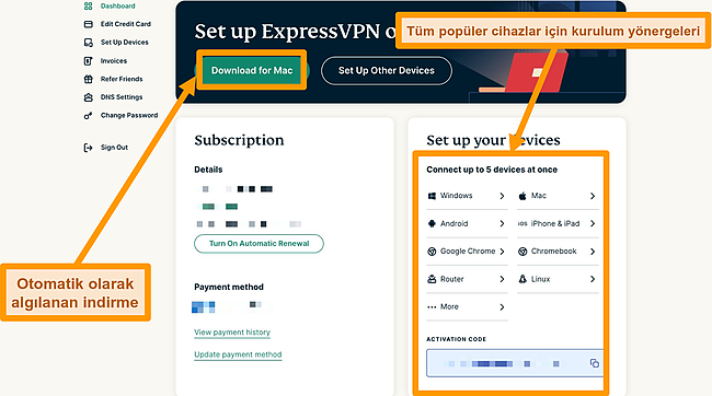Mac Düğmesi için ExpressVPN İndirme ve Cihaz kurulum kılavuzlarının ekran görüntüsü.