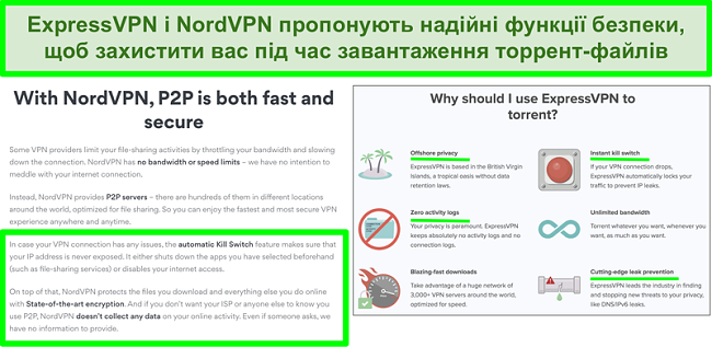 Знімок екрана веб-сайтів NordVPN та ExpressVPN, що показує, що вони підтримують торрент