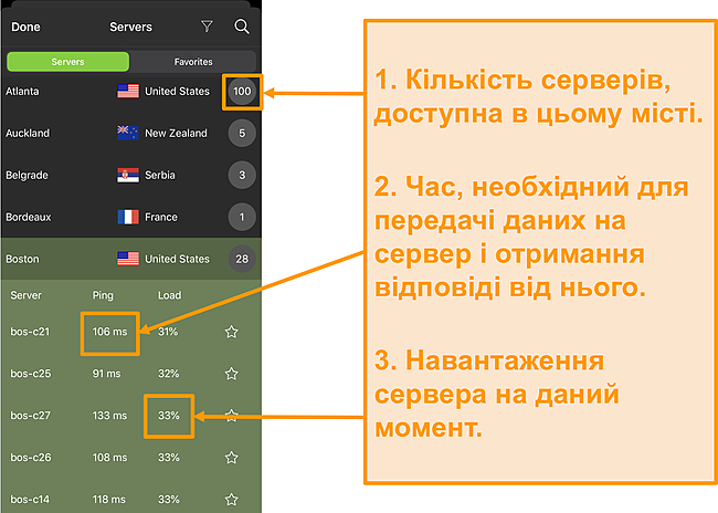 Знімок екрана списку серверів IPVanish із виділеними номерами серверів, пінгом та завантаженням сервера