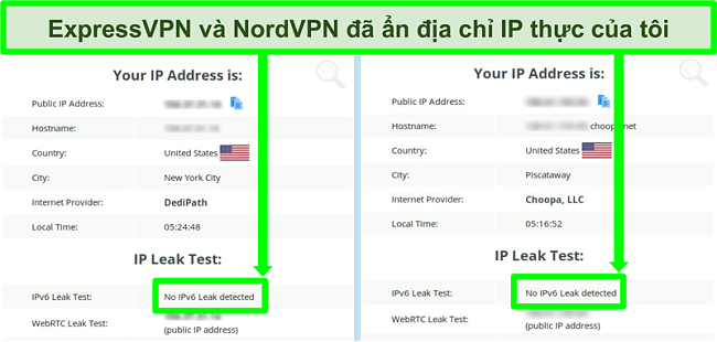 Ảnh chụp màn hình hiển thị không phát hiện thấy rò rỉ IPv6 cho cả NordVPN và ExpressVPN