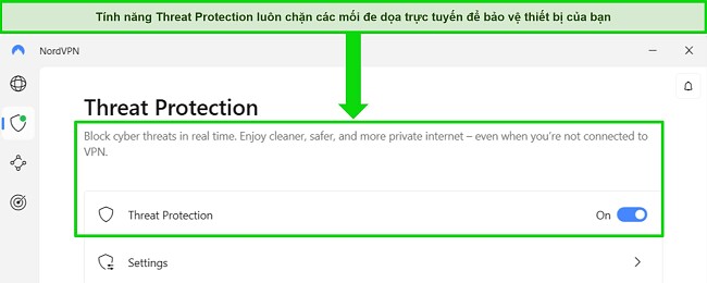 Ảnh chụp màn hình ứng dụng Windows của NordVPN hiển thị tính năng Bảo vệ khỏi Mối đe dọa luôn bật.