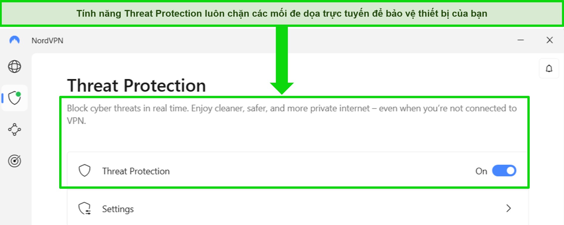 Ảnh chụp màn hình ứng dụng Windows của NordVPN hiển thị tính năng Bảo vệ khỏi Mối đe dọa luôn bật.