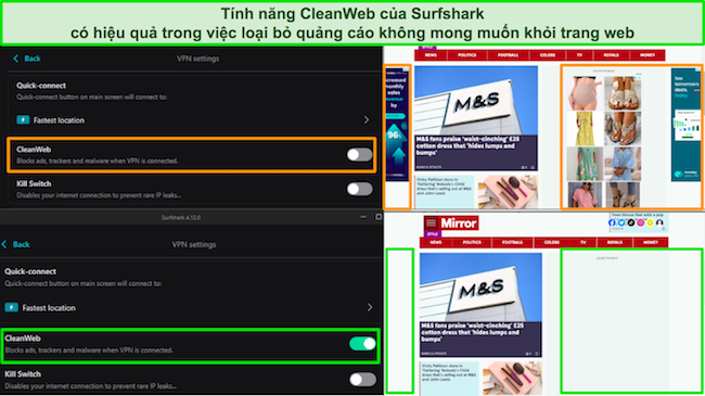 Ảnh chụp màn hình trang web Daily Mail với tính năng CleanWeb của Surfshark chặn tất cả quảng cáo
