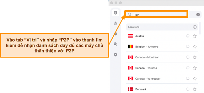 Ảnh chụp màn hình máy chủ P2P của Surfshark trên ứng dụng Mac
