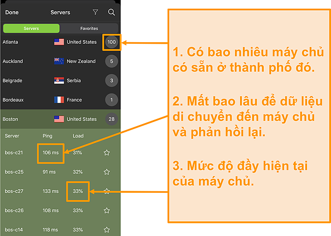 Ảnh chụp màn hình danh sách máy chủ IPVanish với số máy chủ, ping và tải máy chủ được đánh dấu