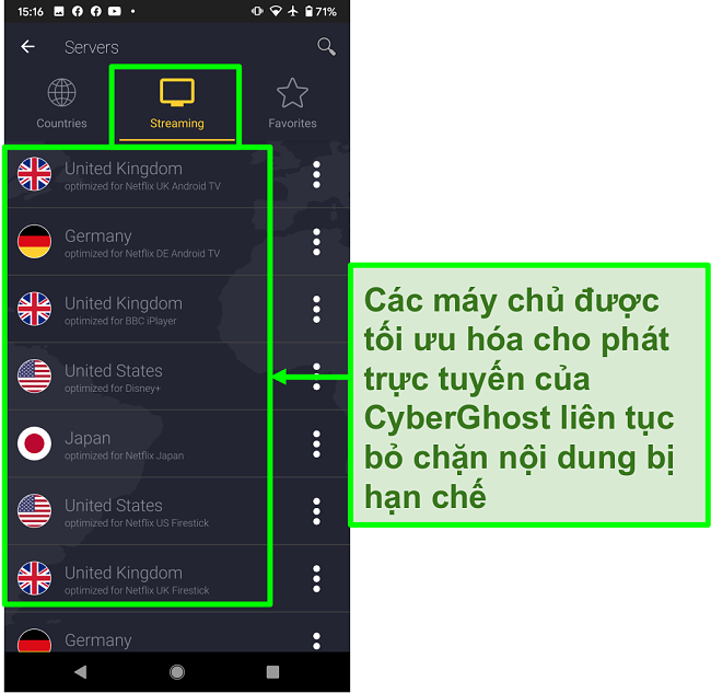 Ảnh chụp màn hình các máy chủ được tối ưu hóa phát trực tuyến của CyberGhost