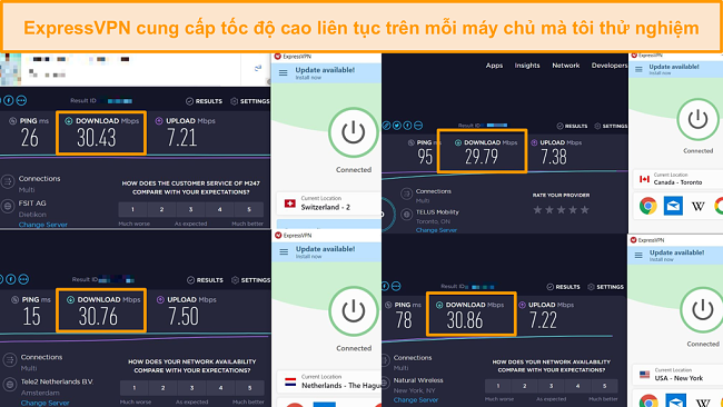 Ảnh chụp màn hình so sánh tốc độ giữa các máy chủ ExpressVPN khác nhau