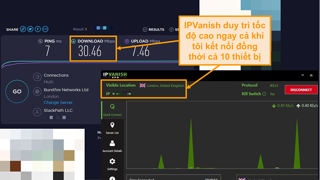 Ảnh chụp màn hình kiểm tra tốc độ với kết nối IPVanish