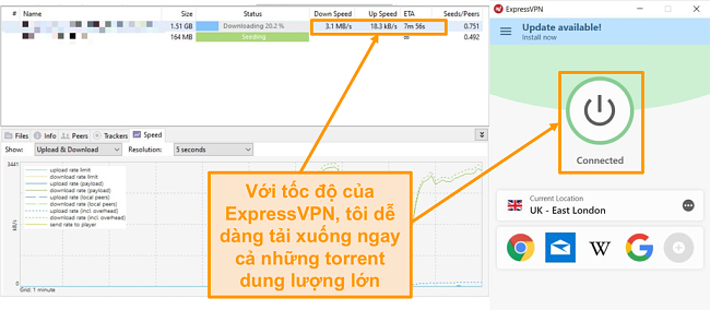 Ảnh chụp màn hình tải xuống tệp torrent với kết nối ExpressVPN được thiết lập