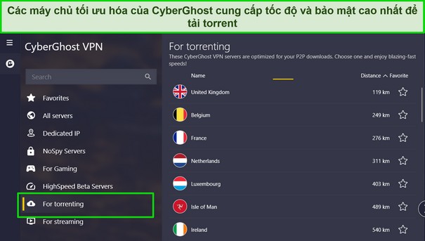 Ảnh chụp màn hình ứng dụng Windows của CyberGhost với danh sách máy chủ tải torrent được tô sáng.