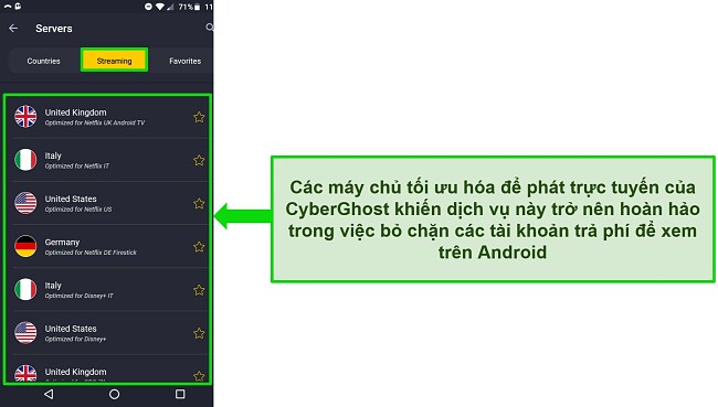 Ảnh chụp màn hình menu máy chủ phát trực tuyến của CyberGhost trên Android