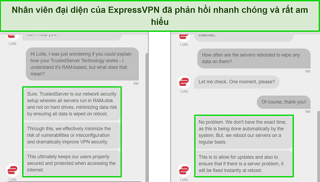 Ảnh chụp màn hình trò chuyện trực tiếp của ExpressVPN, hiển thị câu trả lời chi tiết cho các câu hỏi có tính chất kỹ thuật về Công nghệ TrustedServer.