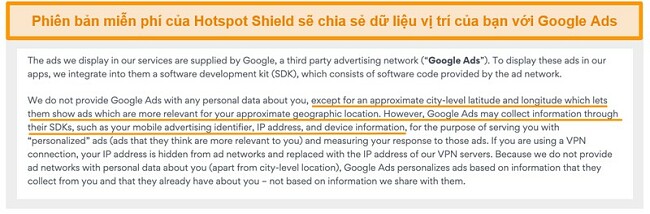 Ảnh chụp màn hình chính sách bảo mật của Hotspot Shield trên Google Ads