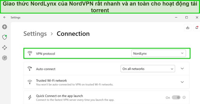 Ảnh chụp màn hình ứng dụng Windows của NordVPN hiển thị giao thức NordLynx được chọn