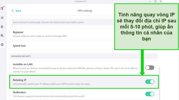 Ảnh chụp màn hình giao diện Windows của Surfshark hiển thị tính năng Xoay IP đã được bật